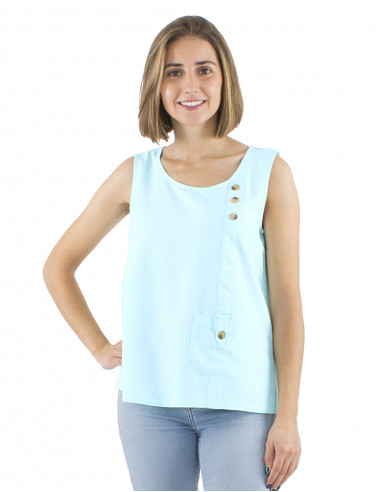 Top 54% lino 46% viscosa camiseta 1 bolsillo