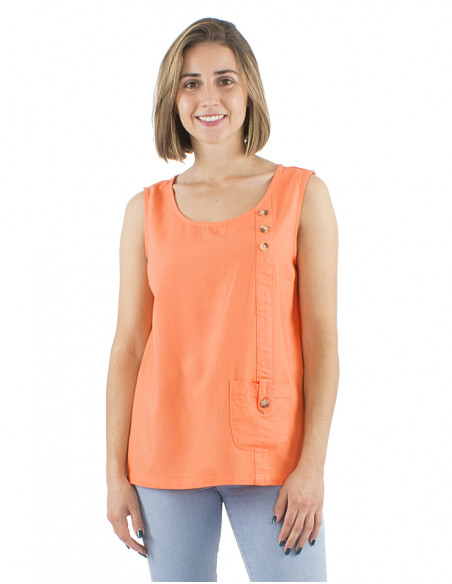 Top 54% lino 46% viscosa camiseta 1 bolsillo