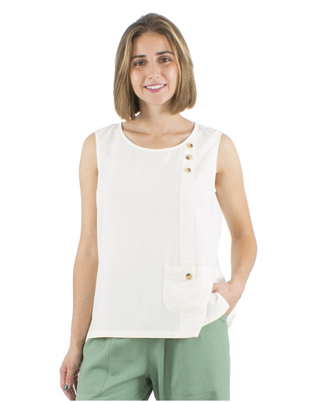 Top 54% lino 46% viscosa camiseta 1 bolsillo