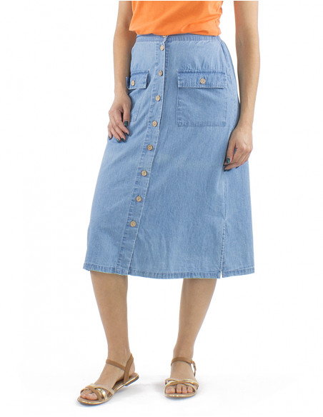 Falda algodon denim con botone 2 bolsillos