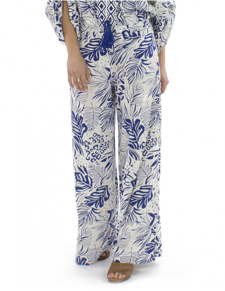 Pantalon 70% viscosa 30% lino 2 botones estampado Natura