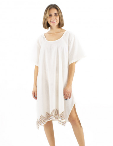 Vestido algodon slub mangas cortas crudo sello