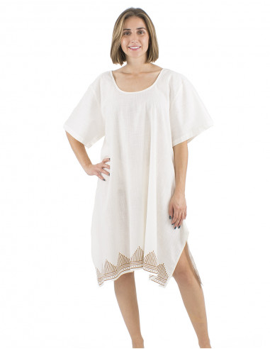 Vestido algodon slub mangas cortas crudo sello