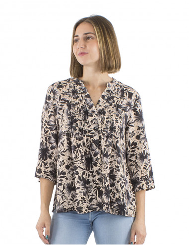 Blusa viscosa mangas 3/4 pliegues pechos...