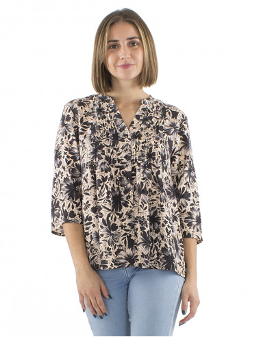 Blusa viscosa mangas 3/4 pliegues pechos...