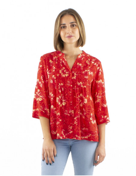 Blusa viscosa mangas 3/4 pliegues pechos estampado Cassandra