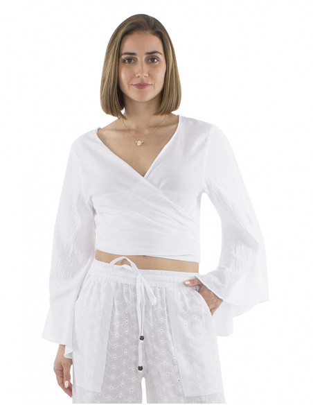 Blusa algodon blanco cruzada crop top