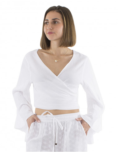 Blusa algodon blanco cruzada crop top