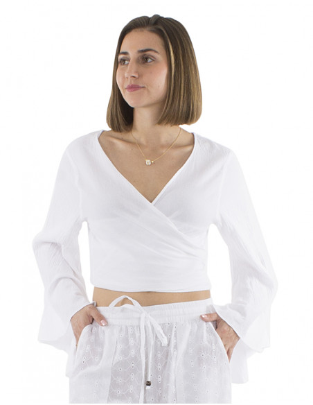 Blusa algodon blanco cruzada crop top