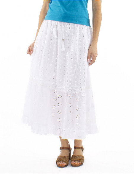 Falda algodon bordada midi lisa doblada