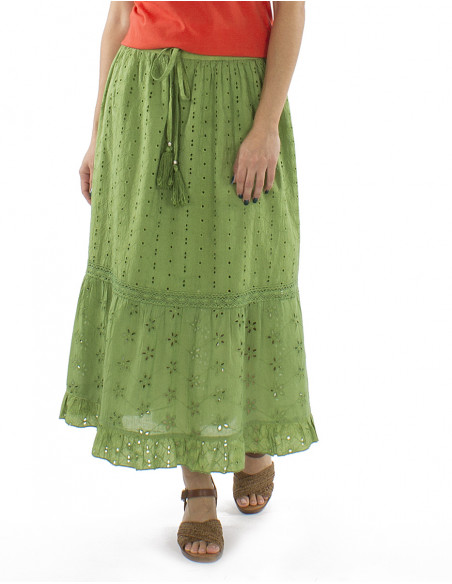 Falda algodon bordada midi lisa doblada