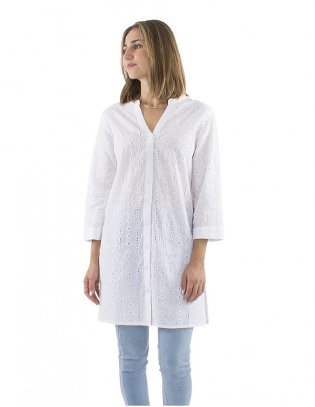 Vestido tunica algodon bordado blanco mangas 3/4