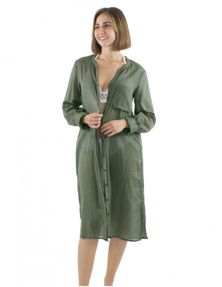 Vestido velo algodon liso con botones mangas largas