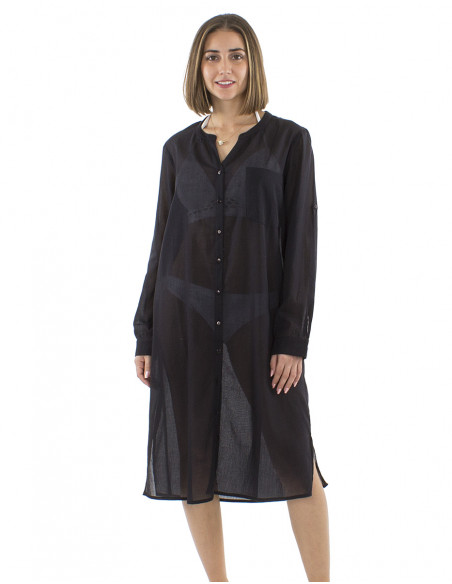 Vestido velo algodon liso con botones mangas largas