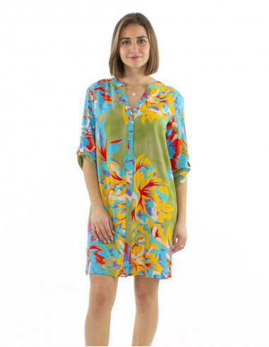 Vestido tunica viscosa con botone mangas 3/4 estampado Camelia