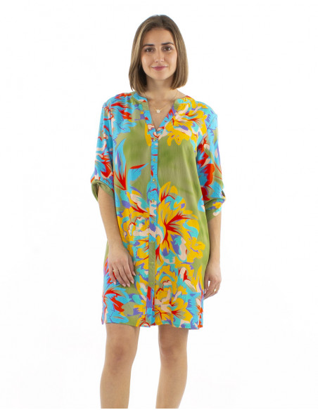 Vestido tunica viscosa con botone mangas 3/4 estampado Camelia
