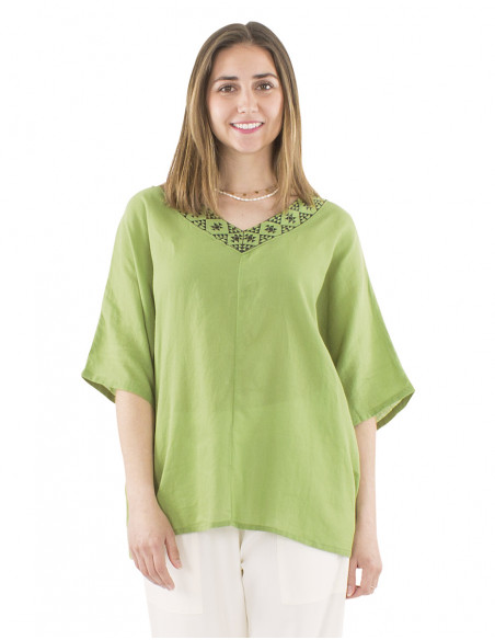 Blusa algodon mousse lisa cuello en v estampada