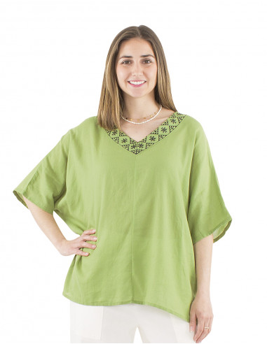 Blusa algodon mousse lisa cuello en v estampada