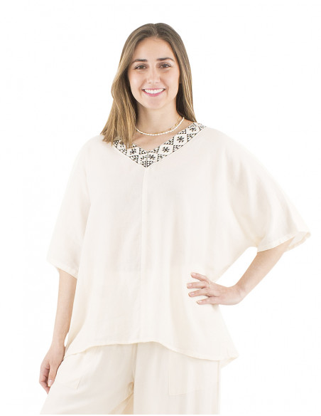 Blusa algodon mousse lisa cuello en v estampada