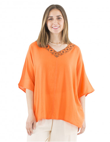 Blusa algodon mousse lisa cuello en v estampada