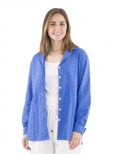Blusa algodon lisa encaje mangas largas cuello...