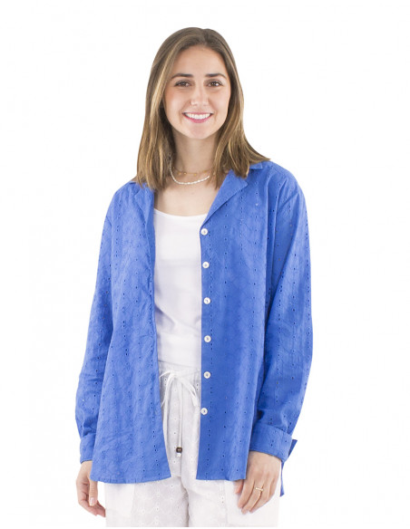 Blusa algodon lisa encaje mangas largas cuello camisa