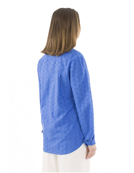 Blusa algodon lisa encaje mangas largas cuello camisa