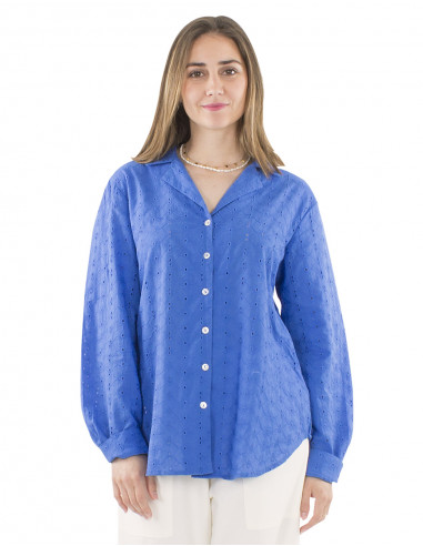 Blusa algodon lisa encaje mangas largas cuello...