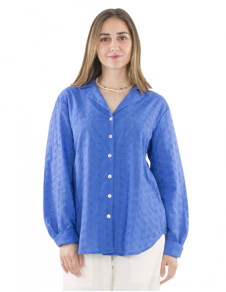 Blusa algodon lisa encaje mangas largas cuello camisa