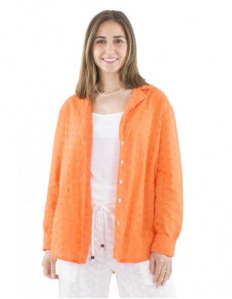 Blusa algodon lisa encaje mangas largas cuello camisa