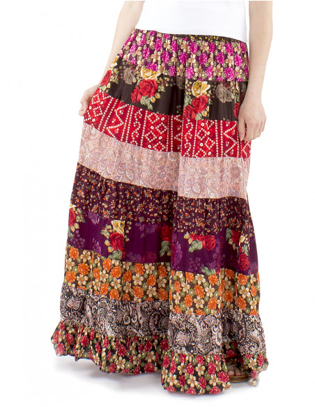 Falda larga de poliéster con volantes estampados