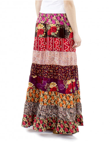 Falda larga de poliéster con volantes estampados