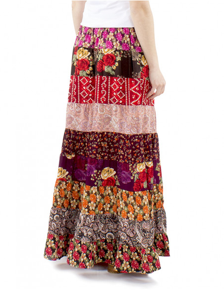 Falda larga de poliéster con volantes estampados