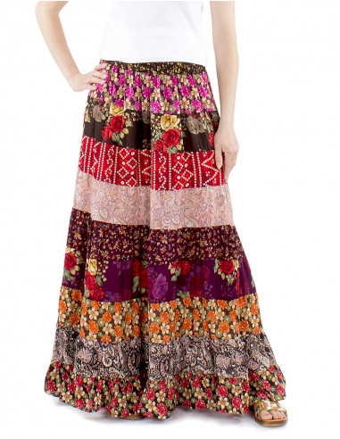 Falda larga de poliéster con volantes estampados