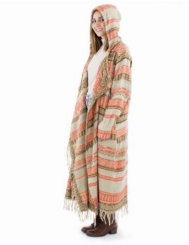 Abrigo largo acrilico capucha flecos Jacquart lineas