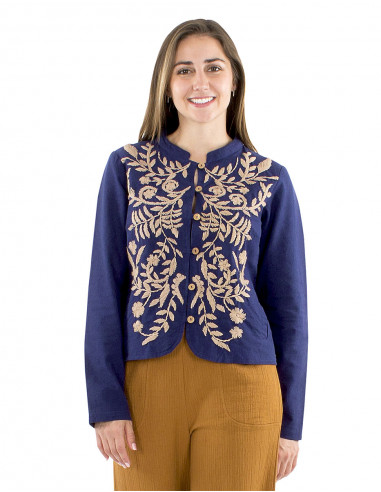 Chaqueta algodón lisa bordada flores gordas