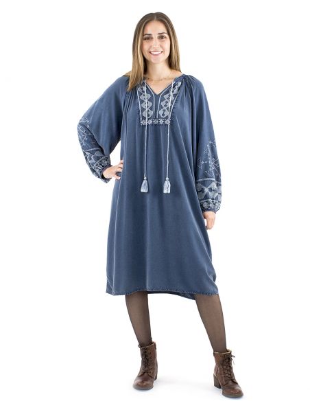 Vestido viscosa sw con bordados y pompones