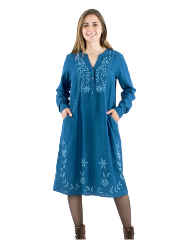 Vestido 91% viscosa 9% lino liso 4 botones bordado