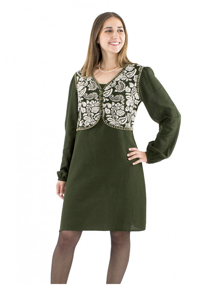 Vestido 91% viscosa 9% lino liso y bolero buste estampado antiguo