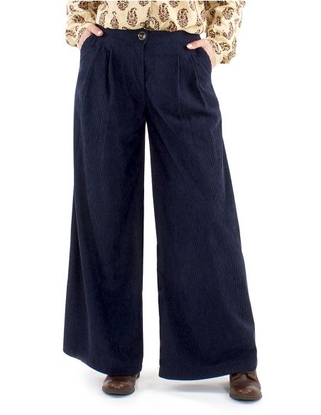 Pantalón terciopelo poliéster pliegue cintura bajo ancho