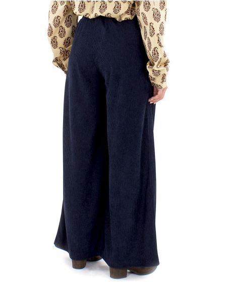 Pantalón terciopelo poliéster pliegue cintura bajo ancho