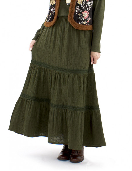 Falda larga algodón gasa  bordada doblada con volantes