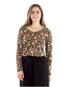 Blusa malla 95% poliester 5% elastano estampado Jazmín cuello v dorado 2