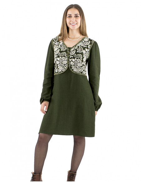 Vestido 91% viscosa 9% lino liso y bolero buste estampado antiguo