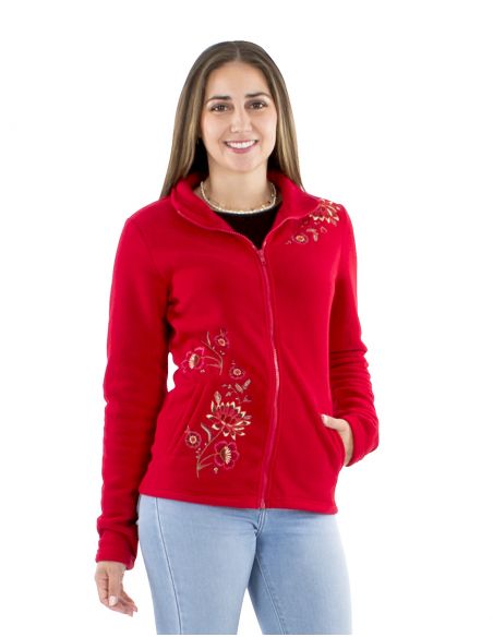 Chaqueta malla poliéster polar con cuello bordado flores