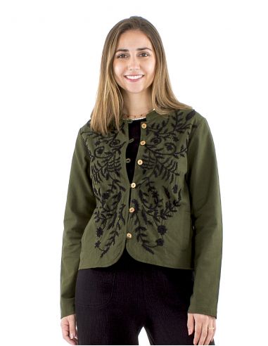 Chaqueta algodón lisa bordada flores gordas