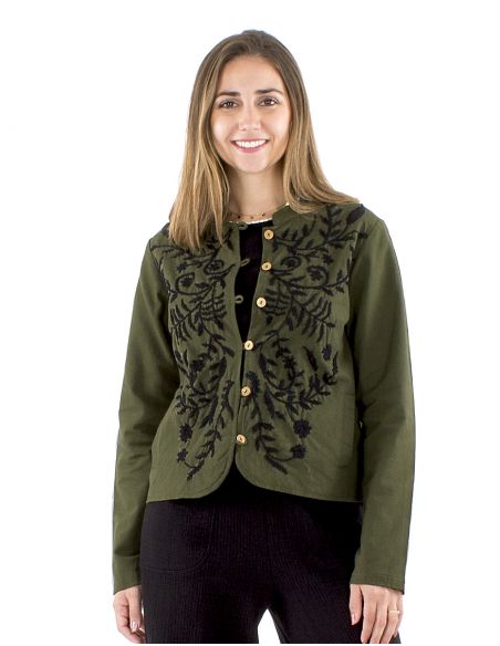Chaqueta algodón lisa bordada flores gordas