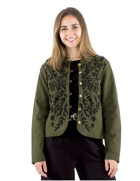 Chaqueta algodón lisa bordada flores gordas