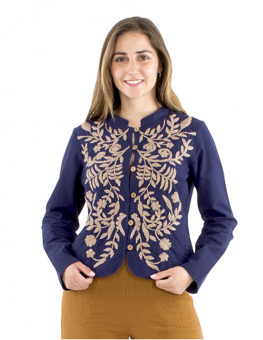 Chaqueta algodón lisa bordada flores gordas
