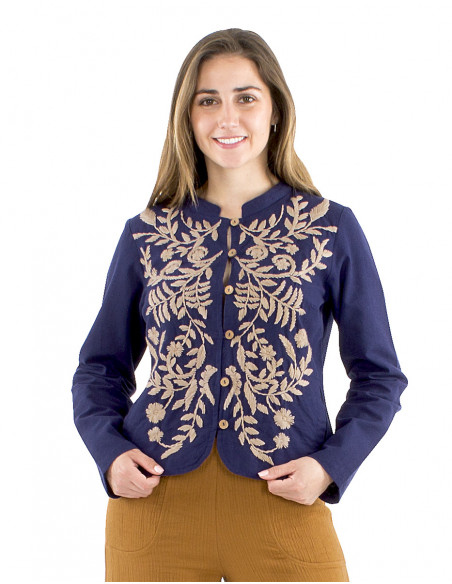 Chaqueta algodón lisa bordada flores gordas
